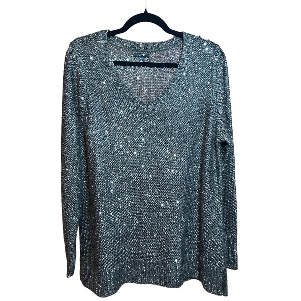 Apt 9 gray pullover v-neck sweater with mini silver sequins, size 1X